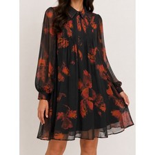 Nine West Floral Chiffon Pleated Knee Length Fall Dress Black Orange XXL
