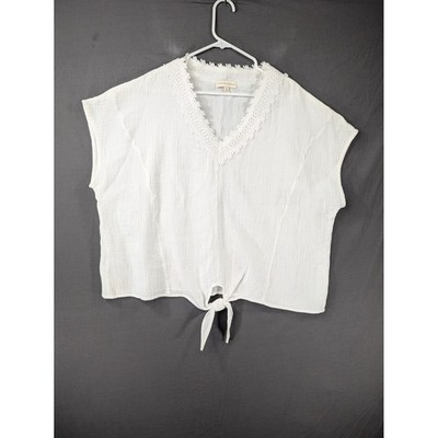 Cynthia Rowley White Lace Trim V-Neck Tie Front Gauze Top Plus Size 1X