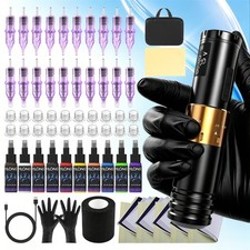 Wireless Adjustable Stroke Rotary Tattoo Machine Pen Kit 20Pcs Needles 1300mAh