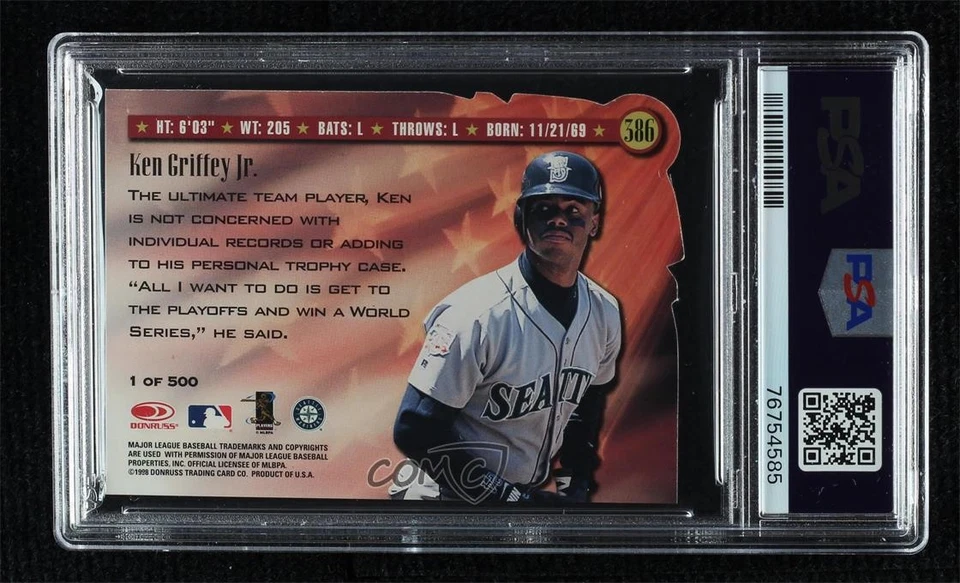1998 Donruss Spirit of the Game Press Proof Gold /500 Ken Griffey Jr PSA 8 HOF - Image 2 of 2