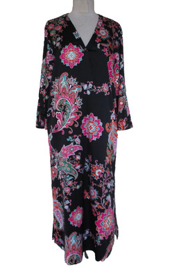 Natori Jaipur Satin Caftan S Women Long Maxi Asian Floral Black Multicolor