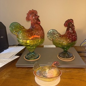 Glass 2 Roosters Red Green Gold & 1 Glass Hen &Egg Jewelry, Rooster Keychain
