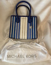 Michael Kors Mercer Medium Blue White Tan Leather Messenger Bag Purse + Dust Bag