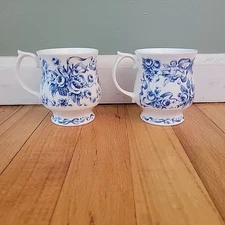 Queen's Fine Bone China Cup England CHERUBS Blue White Lot of 2 Angels Floral