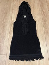 CHANEL Quilted Terry Hooded Dress CC Logo Fringe Hem Black Size 34 SR2282