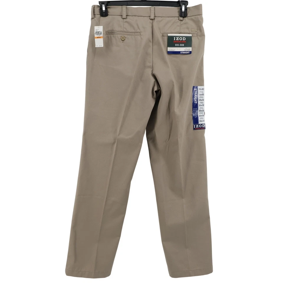 NEW IZOD Men's Straight Fit Flat Front Non-Iron Chino Pants Khaki 33x32 - Image 2 of 4
