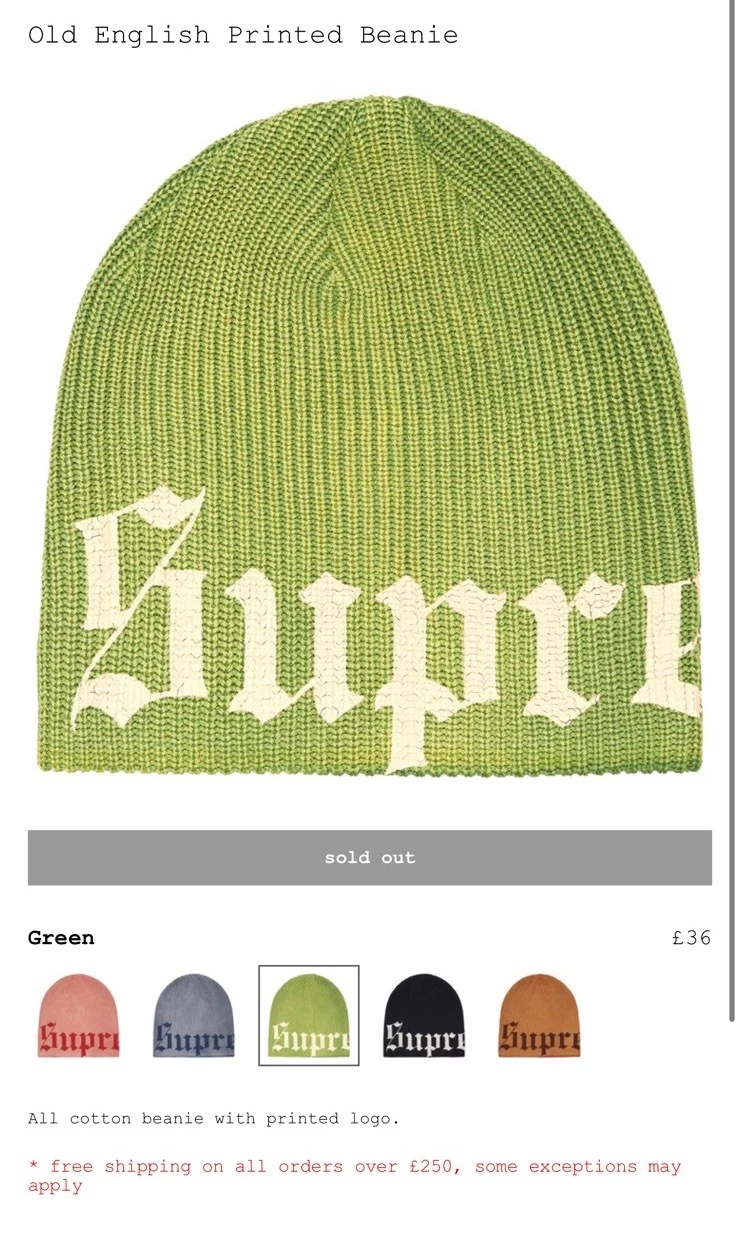 Supreme SS25 ancien bonnet coton imprimé anglais logo vert taille unique neuf CONFIRMÉ