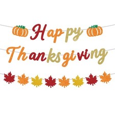 Glittery Happy Thanksgiving Banner with Sparkly Pumpkins, Colorful Maple Leav...