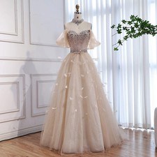 Luxury Champagne Crystal Beaded Feather A Line Evening Dress Gowns For Women