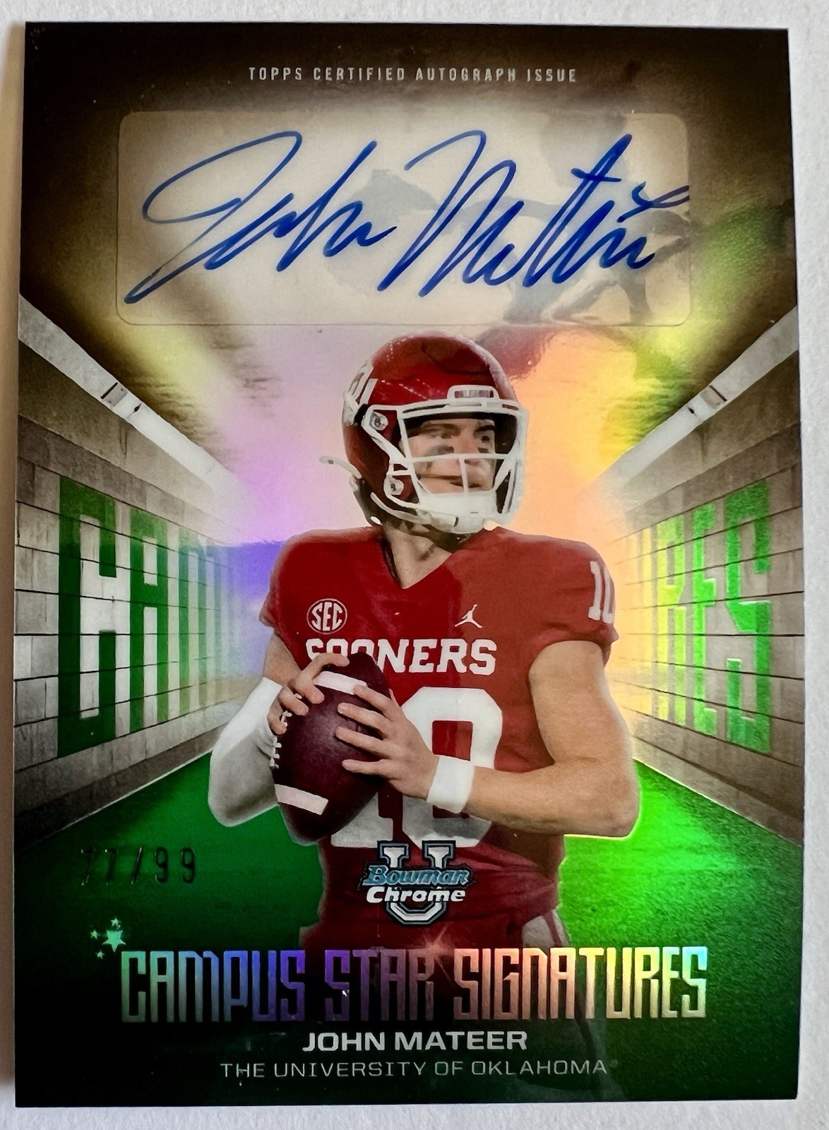2025 Bowman Chrome U John Mateer Campus Star Signatures Green Auto #/99 Oklahoma
