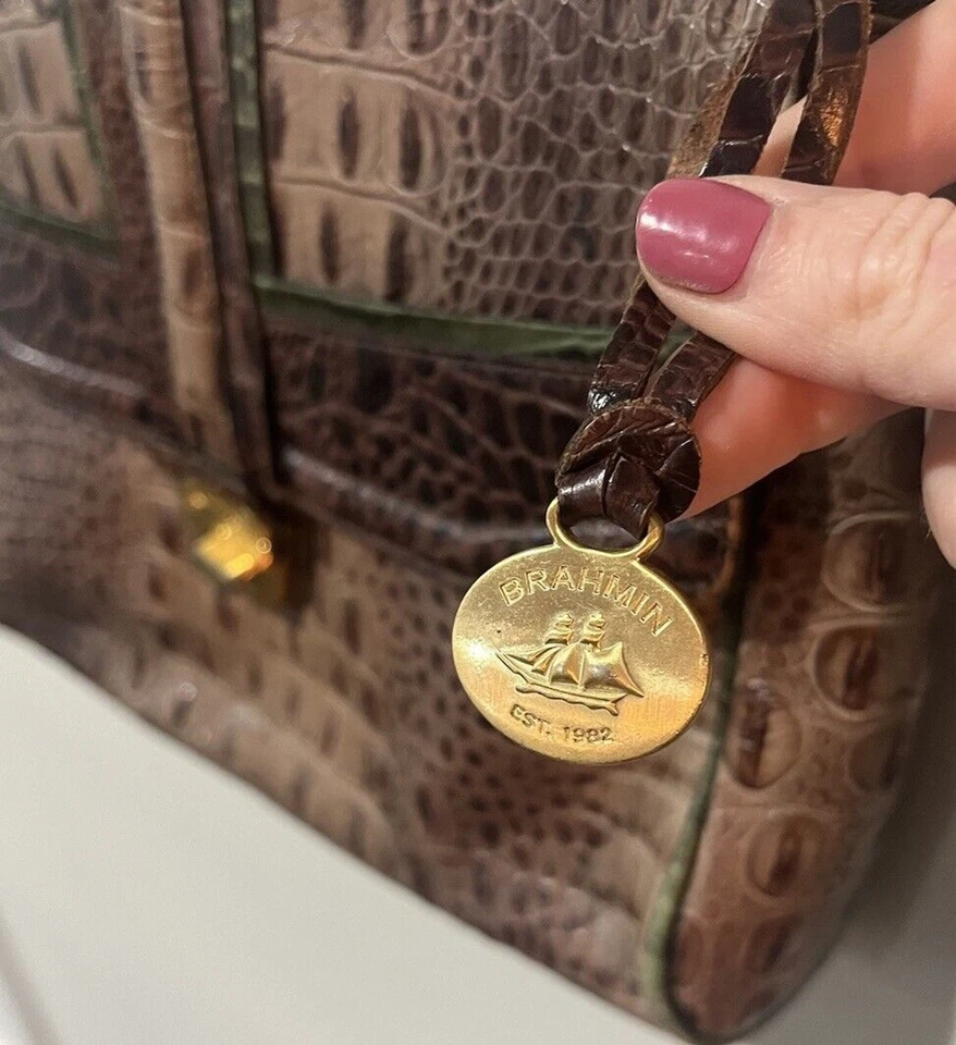 BRAHMIN Cartera Cocodrilo Cuero Repujado Bolso de Hombro Marrón Verde Cadena Bloqueo Giratorio Foto 4 de 4