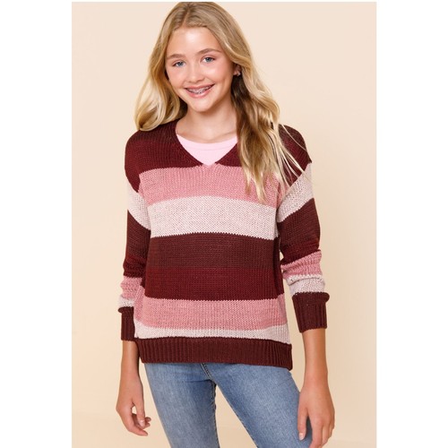 NEW Francesca's Striped Loose Knit Sweater Youth 14 Junior's Pink Purple V Neck - Picture 2 of 7