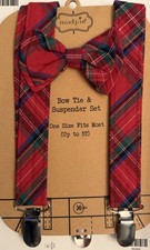 Mudpie Bow Tie & Suspender Set Kids Boys Red & Green Plaid Adjustable Holiday