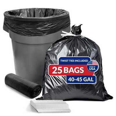Reli 45 Gallon Trash Bags Heavy Duty (25 Count) Black Twist Ties Included Extra