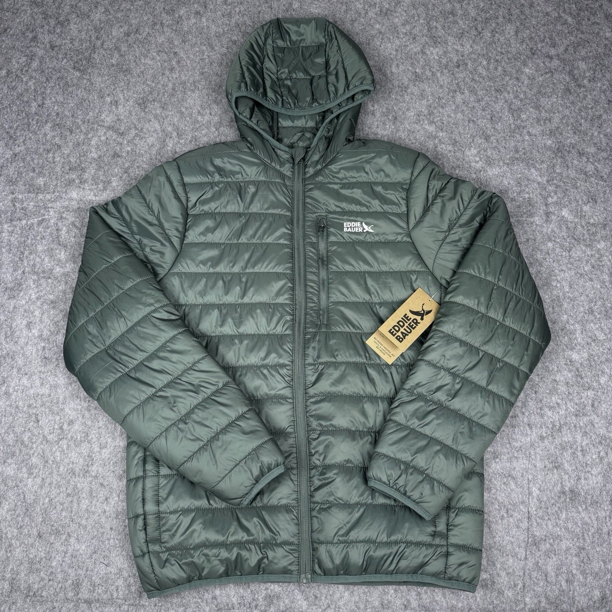 EDDIE BAUER NWT Men's Green Baywood Packable Puffer Hooded Jacket