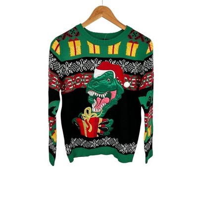 33 Degrees Dinosaur T-Rex Ugly Christmas Sweater Green Black Kids Large 14/16