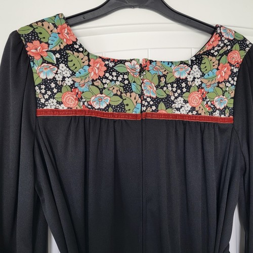 Vintage 70s Floral Peasant Dress Prairie Cottage Velvet Trim Size Medium - Picture 9 of 15