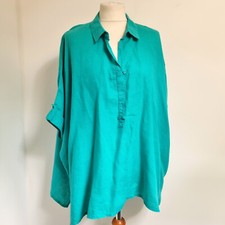 East Linen Tunic Top Size M Boxy Fit Collared Oversized Turquoise Blue Lagenlook
