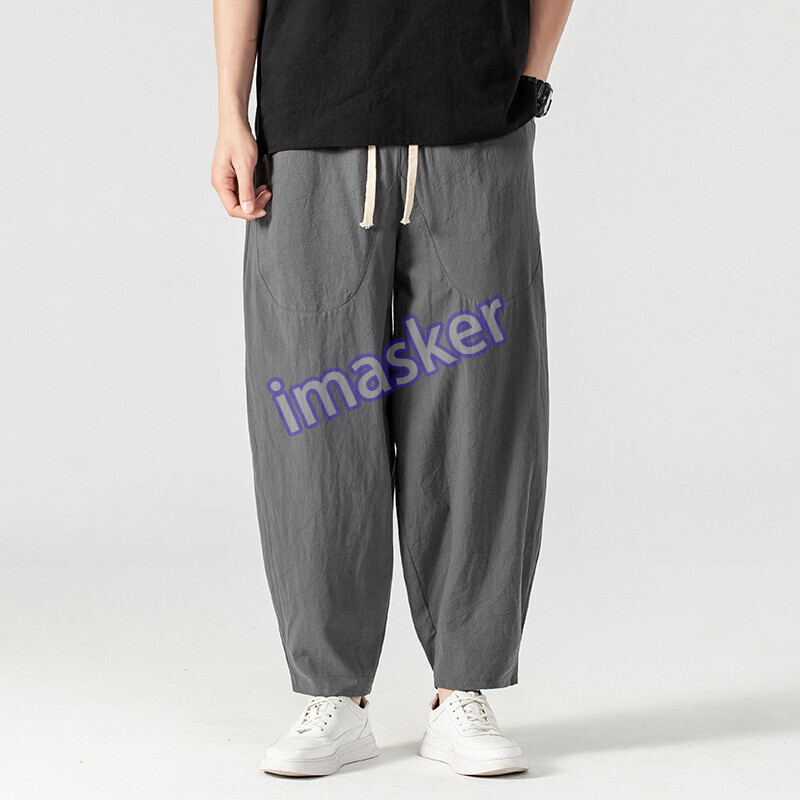 Large Size Loose Retro Bloomers Men's Cotton Linen Cropped Pants Wide-leg Harem