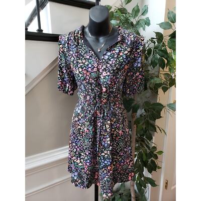 41 Hawthorn Shirt Dress Womens Small Multi Floral Polyester Cinch Waist V Neck
