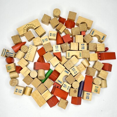 Vintage Building Blocks For Kids Town Set 90 Pcs. Rounds, Rectangles, Triangles