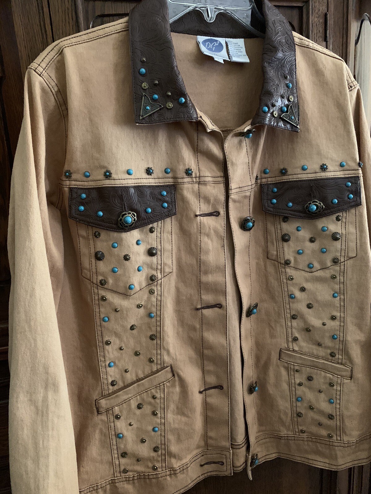 Women's Western Jacket Coat Size Large Tan Brown Turquoise Embellished Vintage