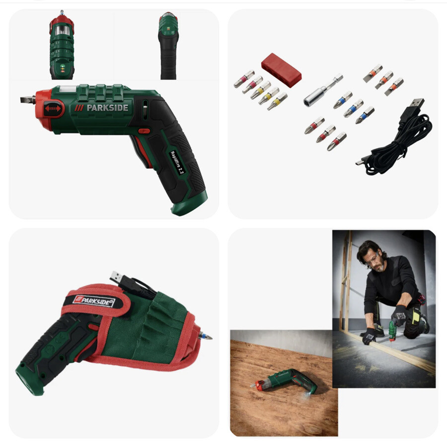 Parkside 4V Cordless Screwdriver With Integrated Bit Storage LED  