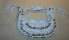 Vtg White Faux Leather Vinyl Purse Handbag Wood Bead  Tassel Design No Brand