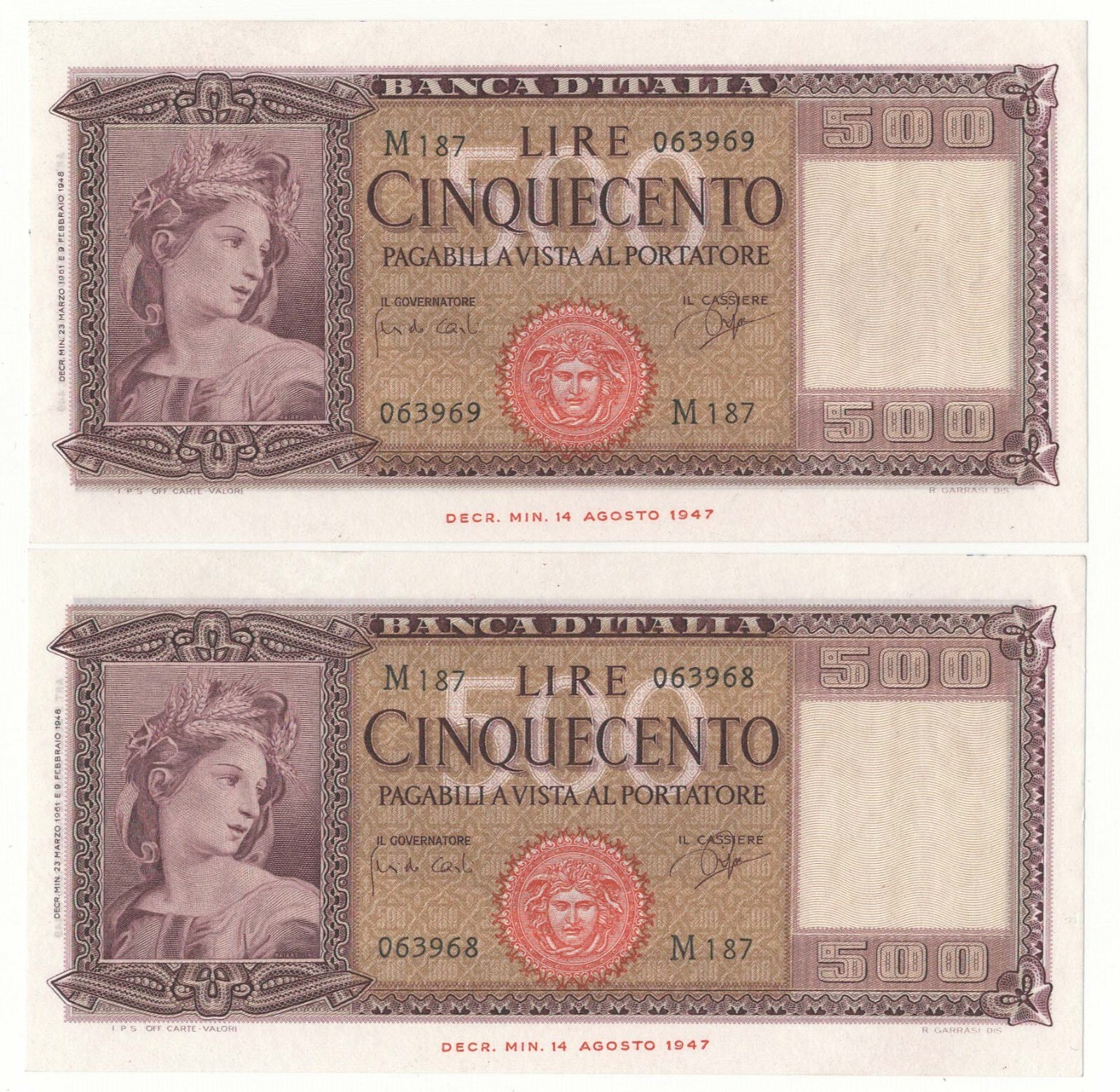 500 LIRE ITALIA ORNATA DI SPIGHE MEDUSA 23/03/1961 FDS - FDS N PROGRESSIVI