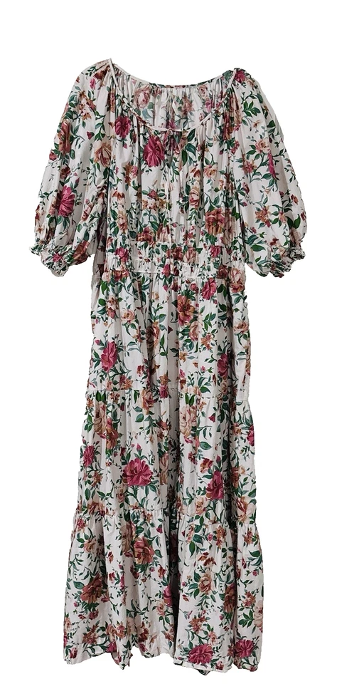 Anthropologie Somerset Dress Size 1X White Pink Floral Maxi Puff Sleeve Cotton - Image 2 of 4