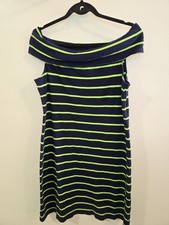 Lauren Ralph Lauren Off Shoulder Navy Green Stripe Cotton Dress L
