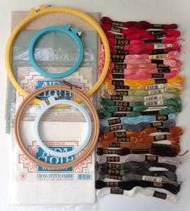 HAND EMBROIDERY LOT OF HOOPS, FLOSS AND CROSS STITCH FABRIC