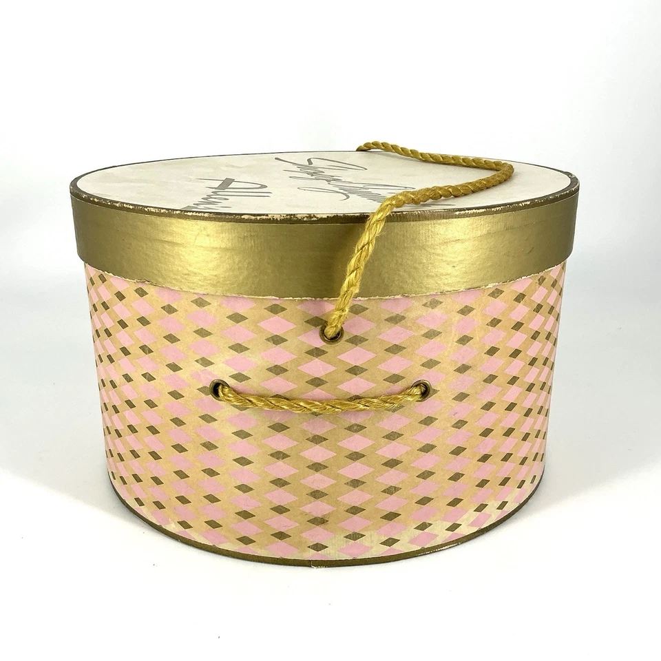 Caja de sombrero Allen’s vintage tienda de originales rosa y dorado Foto 2 de 4