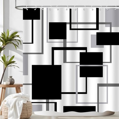 Geometric Shower Curtain Abstract Black White Grey Lines Fabric 72x72 Inch