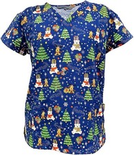 V-Neck Stretch Microfiber Christmas Scrub Top, Bear Hugs Christmas Present, L