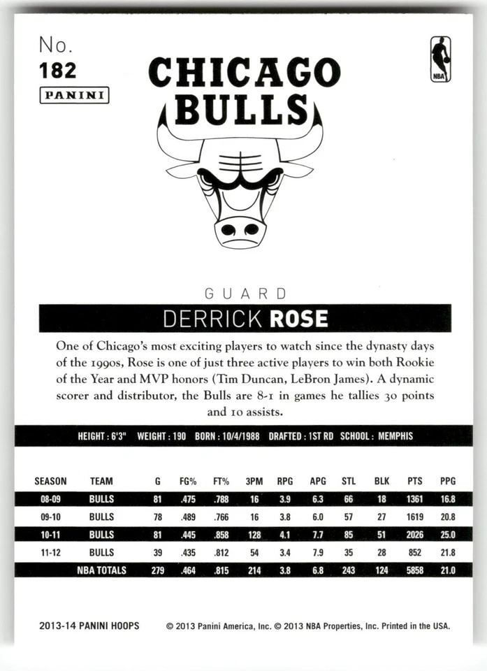 2013-14 Hoops Derrick Rose #182 Chicago Bulls - Image 2 of 2