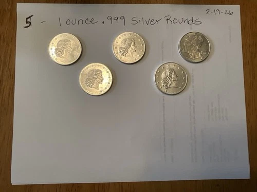 5 - 1  ounce .999 Silver Bullion Rounds-Sold as a lot