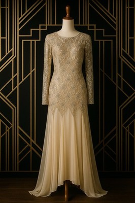 VTG Judith Ann Creations Dress Med/ Large Ivory Beaded Sequin Flapper 80s Gatsby