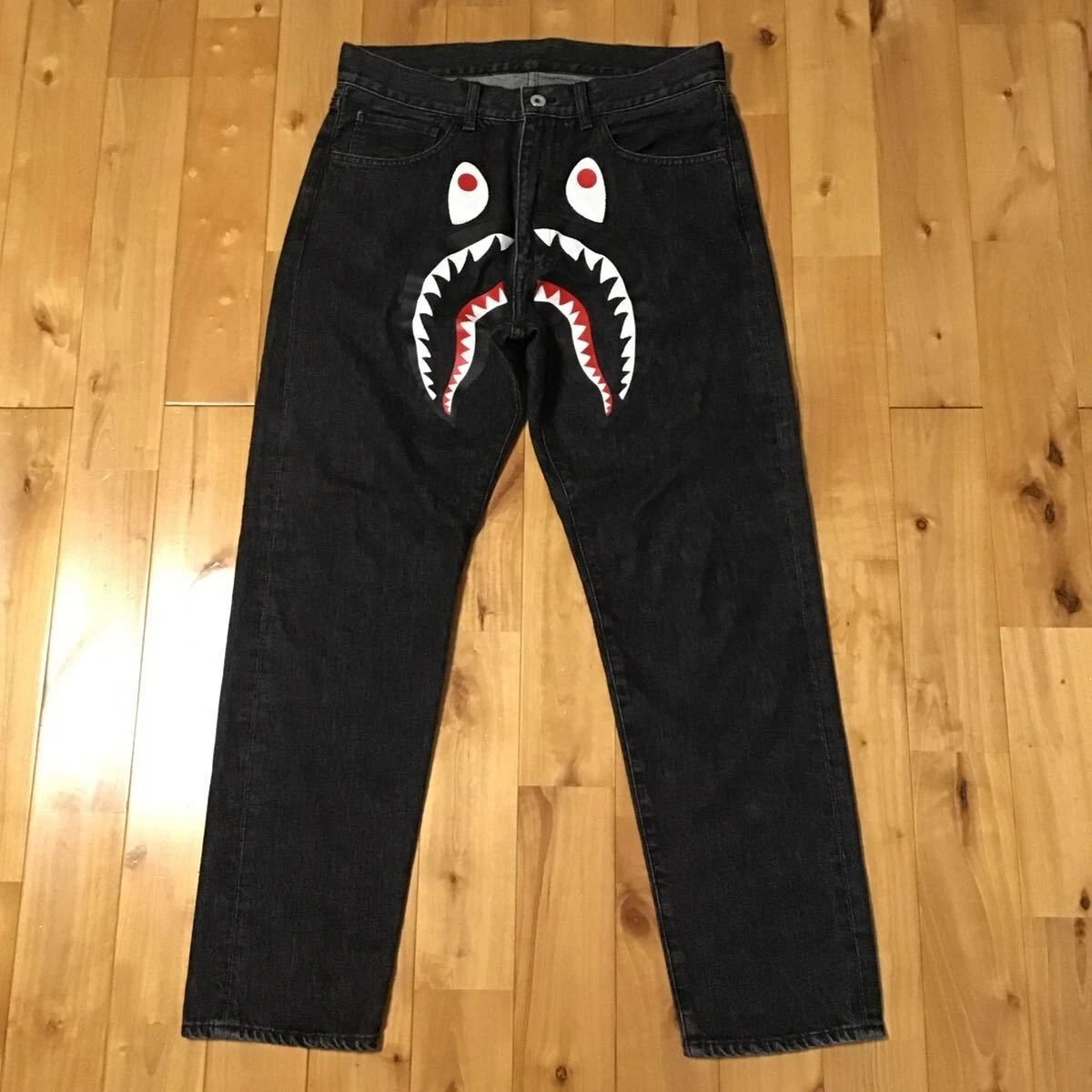 2021 BAPE SHARK WASHED WIDE FIT BLACK DENIM PANTS A Bathing Ape Size M