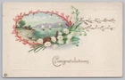 Stecher~527 C~Congratulations~White Flowers~Pink Wrap~Sailboats On Water~Vtg PC