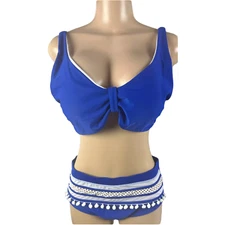 Women Bikini Set Two Piece Swimsuit Mid Rise V Neck Cutout Size XL/12 Blue