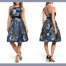 NWT $208 Eliza J [ 10 ] Floral Jacquard Fit & Flare Dress in Blues #F592
