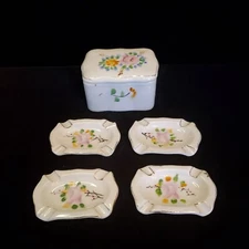 Vintage, Ladies, Ashtrays 6 Piece Set With Lidded Holder, Porcelain. Japan #83