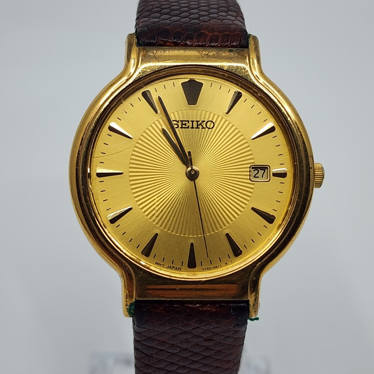 Seiko Date Gold Tone Watch V732-0220 Date Textured Dial 32mm