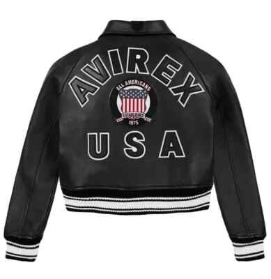 Icon AVIREX Black Cropped Women American Bomber Flight Real Leather Jacket