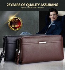 Mens Fashion Business Leather Wallet Long Capacity Double Zip Credit Card Wallet