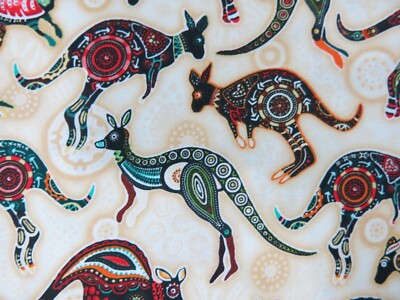 Oasis Gondwana Kangaroos on Tan Cotton Fabric for Quilting Crafting, 18'' x 42''