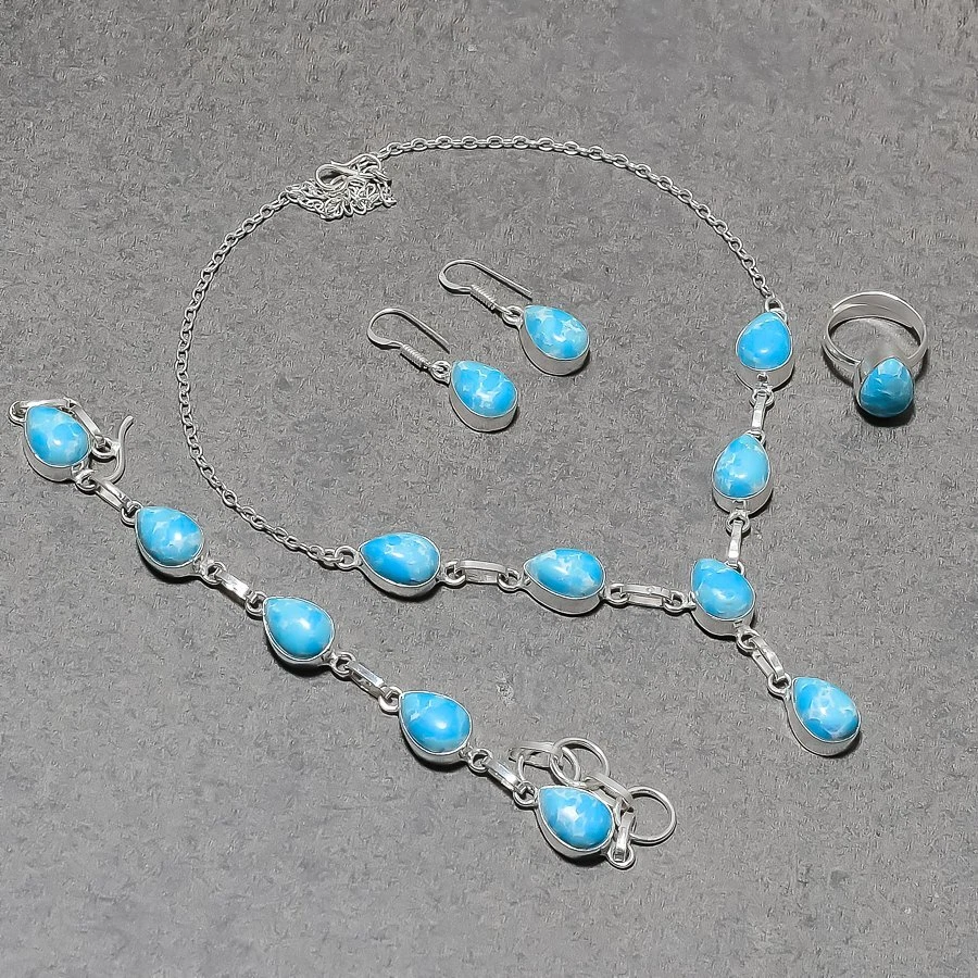 Juego de joyas de piedras preciosas con forma de pera Larimar cadena ajustable hecho a mano conjunto de collar Foto 2 de 4