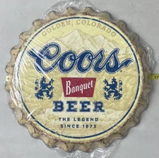 Coors Banquet Beer Bottle Cap Tin Metal Wall Sign 16" Diameter Garage Man Cave