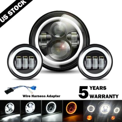 7'' inch LED Halo Headlight DRL & 4.5'' Fog Passing Lights  For Harley Motorcycle